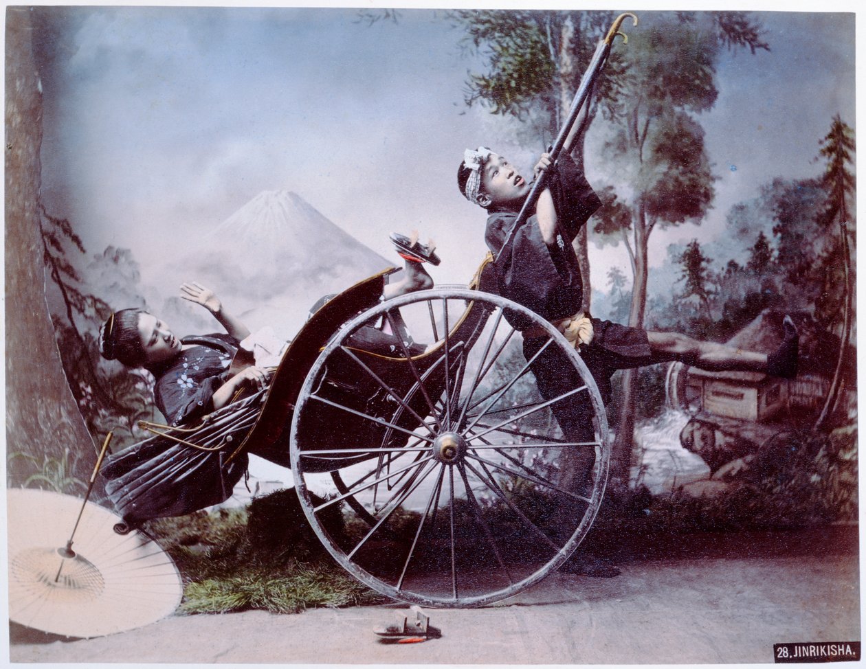 Riksaonnettomuus, n. 1900 (värillinen valokuva) tekijältä Japanese Photographer