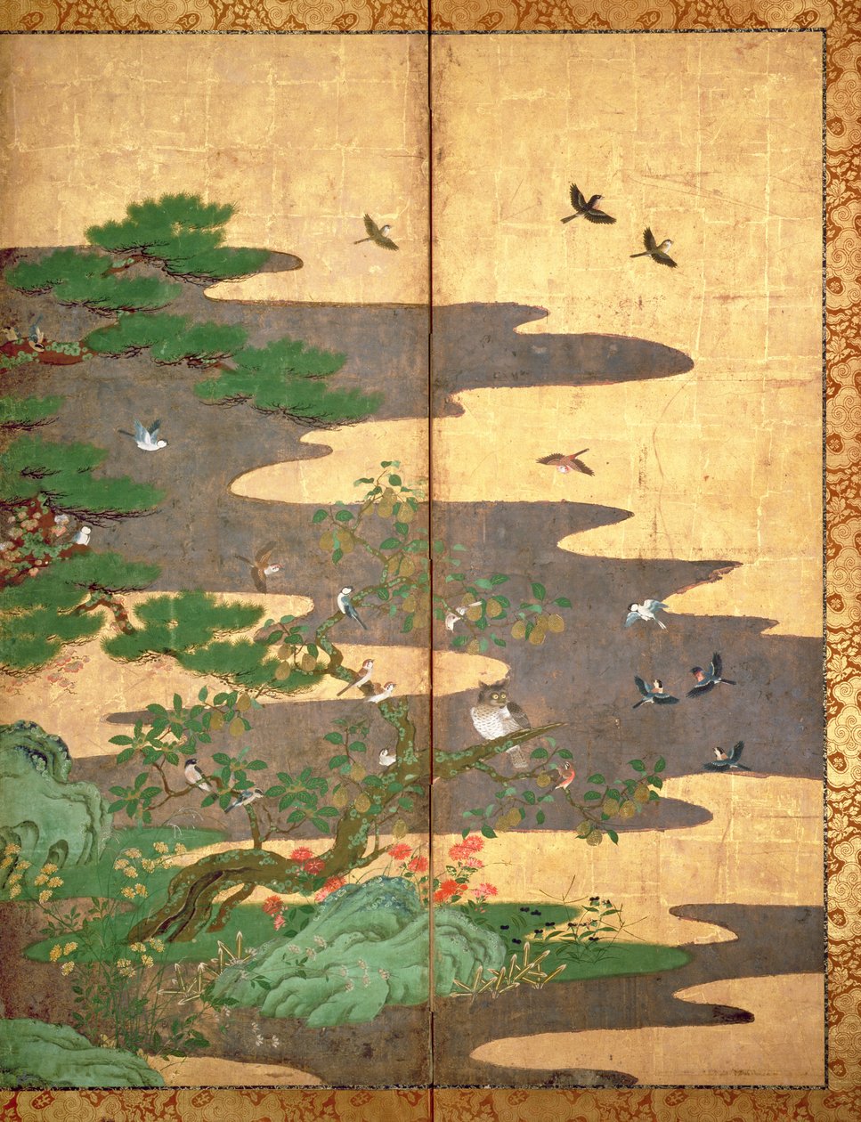 Linnut syksyn ja talven kukilla (kynä ja muste, värillinen ja kultainen paperi paneelissa) (katso 216542, 216543, 216544) tekijältä Japanese School