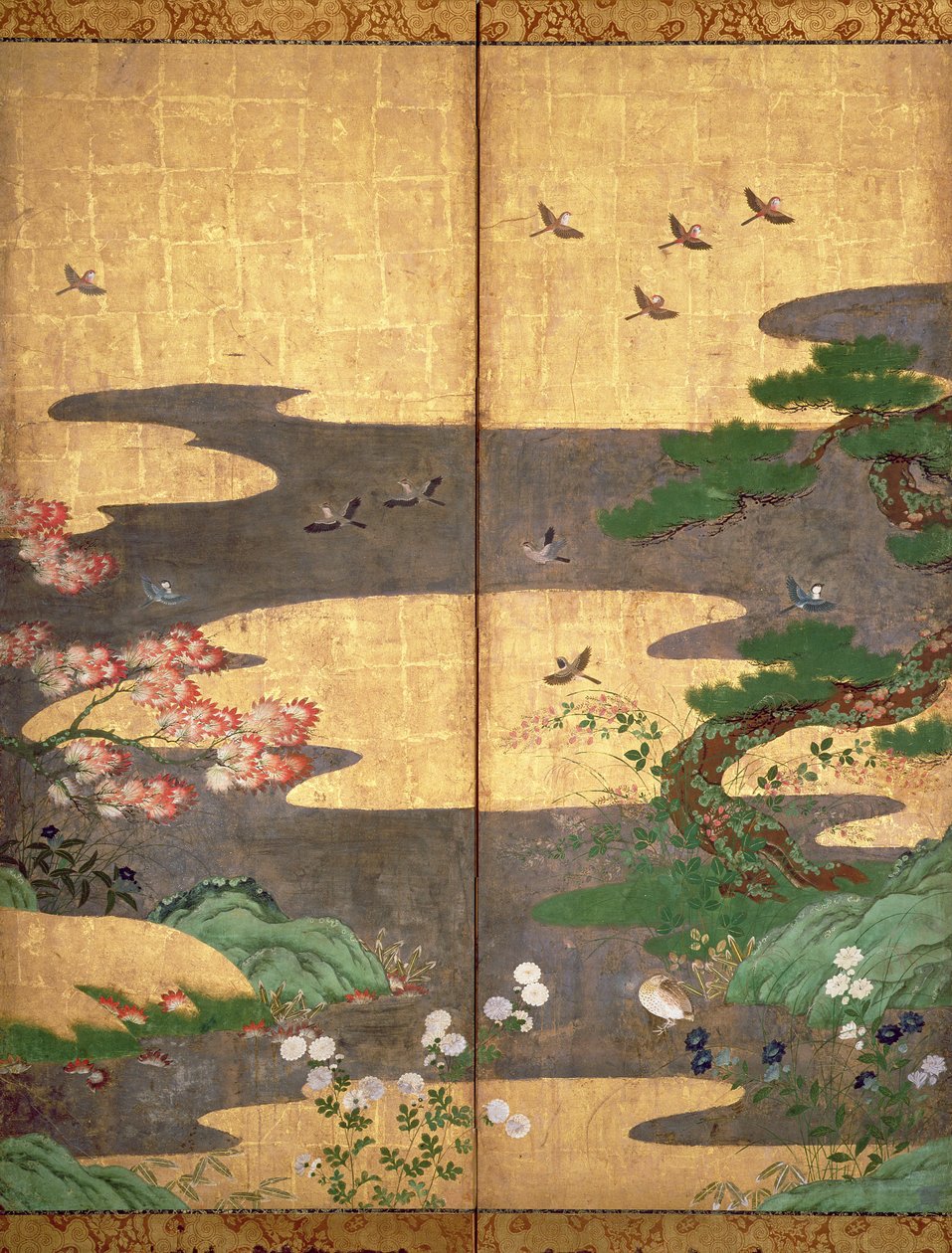 Linnut syksyn ja talven kukilla (kynä ja muste, väri ja kultapaperi paneelissa) (katso 216542, 216543, 216545) tekijältä Japanese School