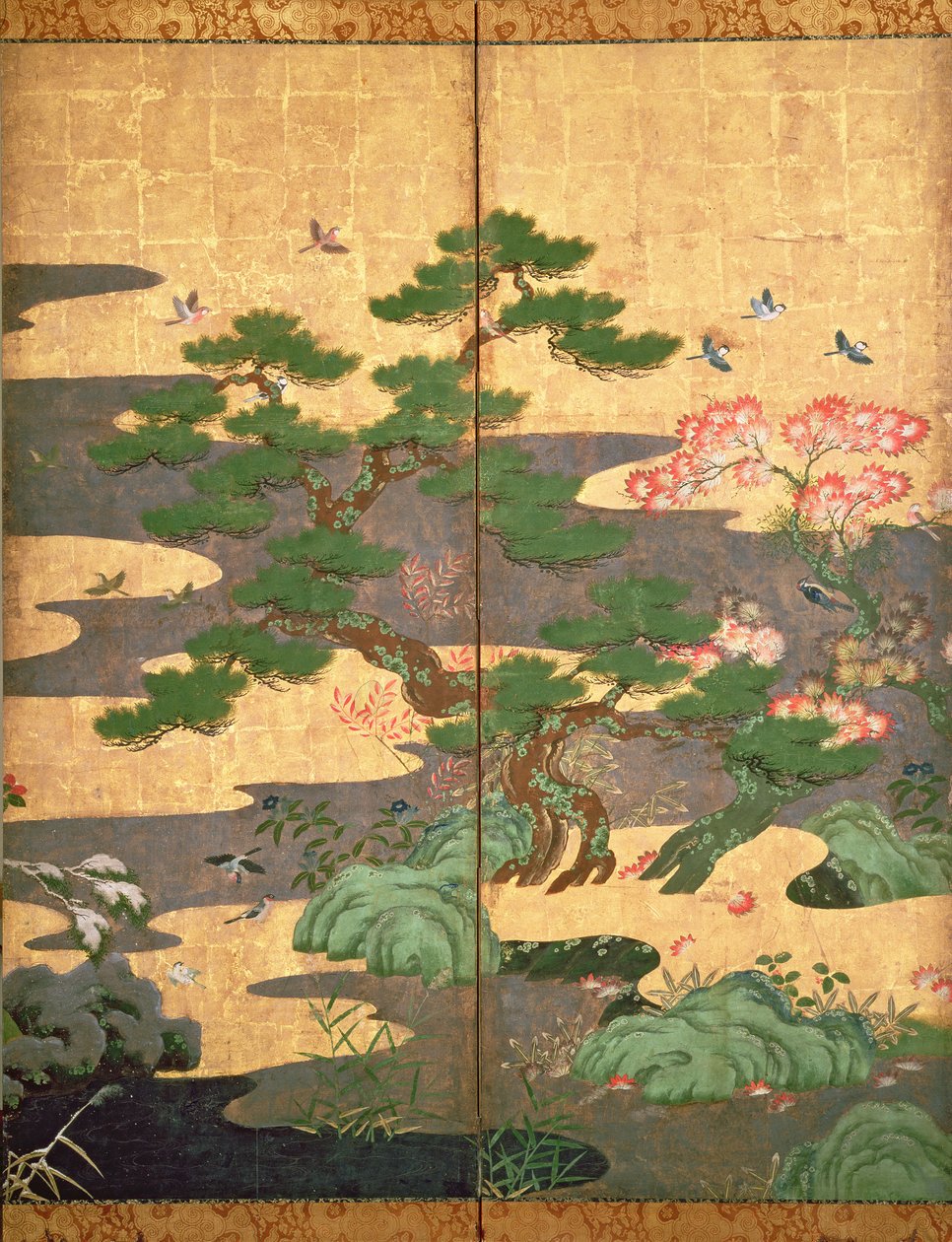 Linnut syys- ja talvikukkien kanssa (tussi ja tussi, väri ja kultainen paperi paneelille) (ks. 216542, 216544, 216545). tekijältä Japanese School