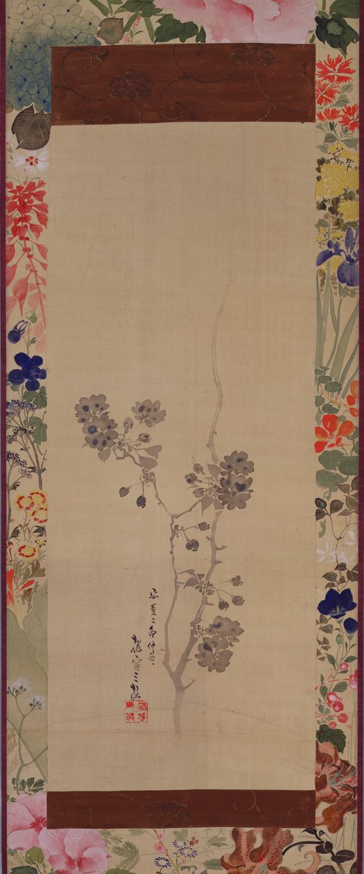 Kirsikankukkia maalatulla alustalla, 1855 (muste ja värit silkillä) tekijältä Japanese School