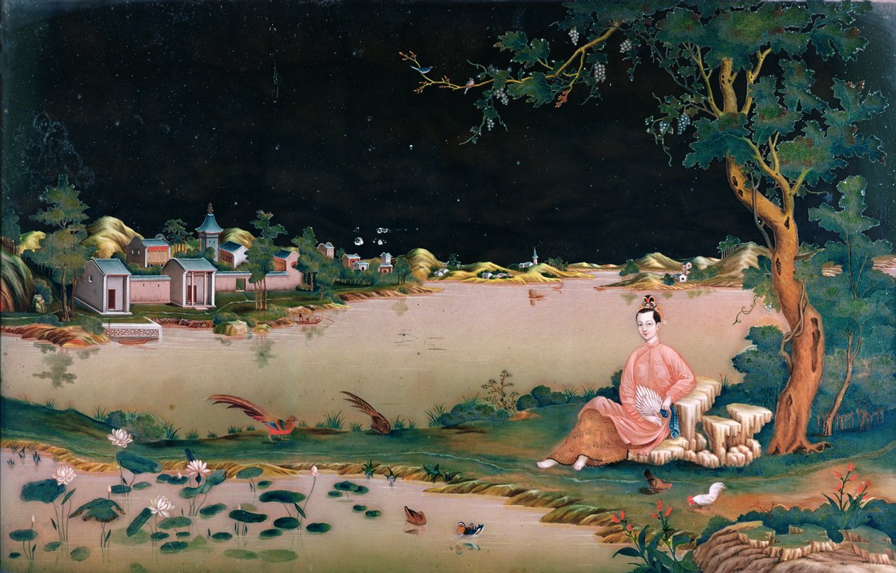 Japanilainen peilimaalaus, jossa istuva tyttö, noin 1800 tekijältä Japanese School