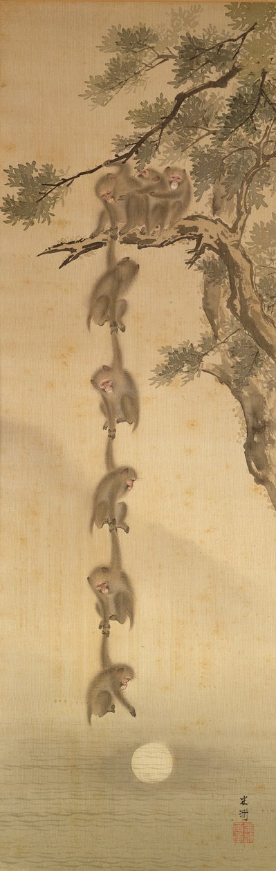 Apinat tavoittelevat kuuta, Edo-kausi (1603-1867) (muste paperille) tekijältä Japanese School