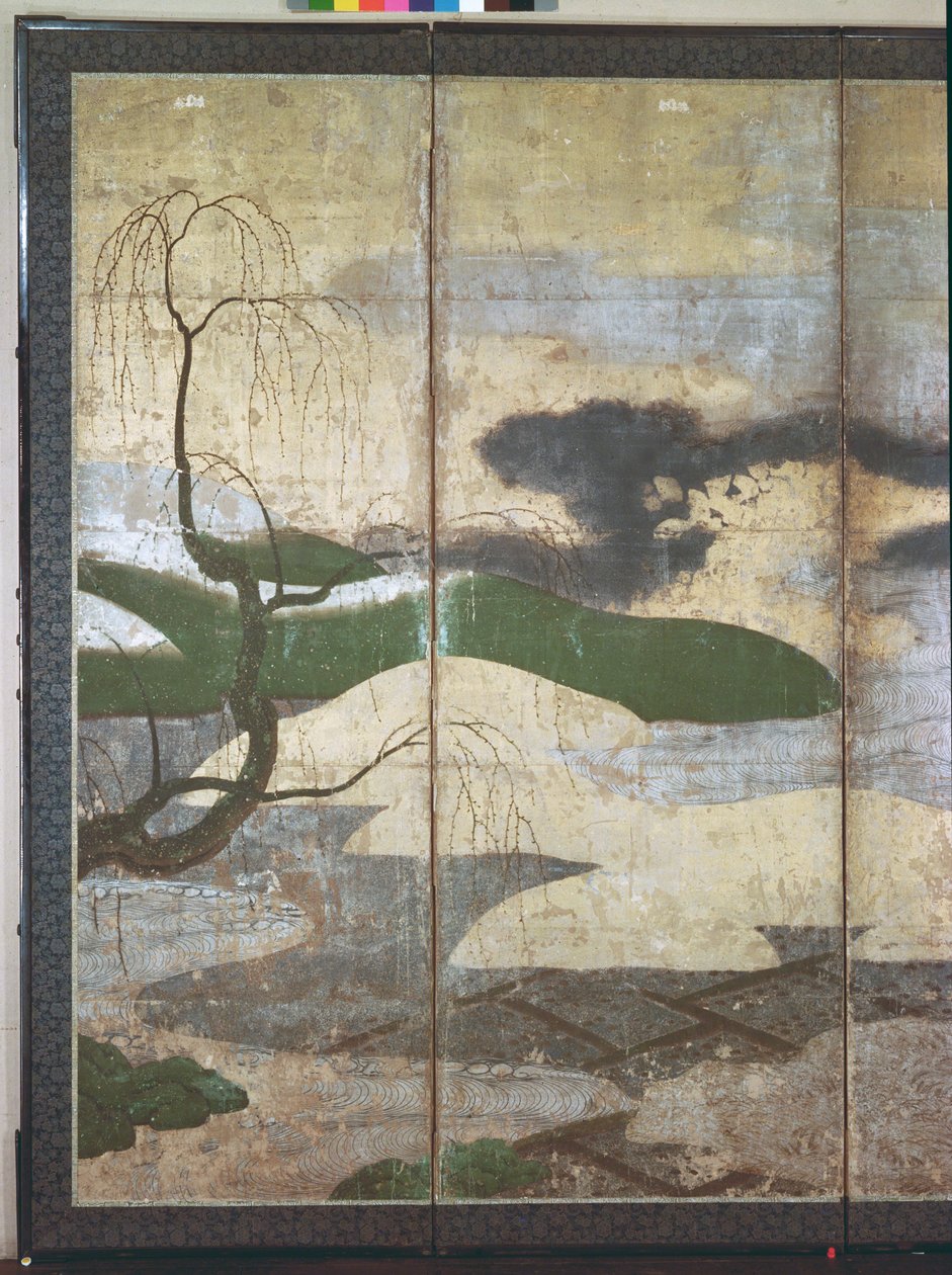 Moonlight Landscape (kynä ja muste, väri, kultainen paperi paneelissa) (katso 216574, 216575) tekijältä Japanese School