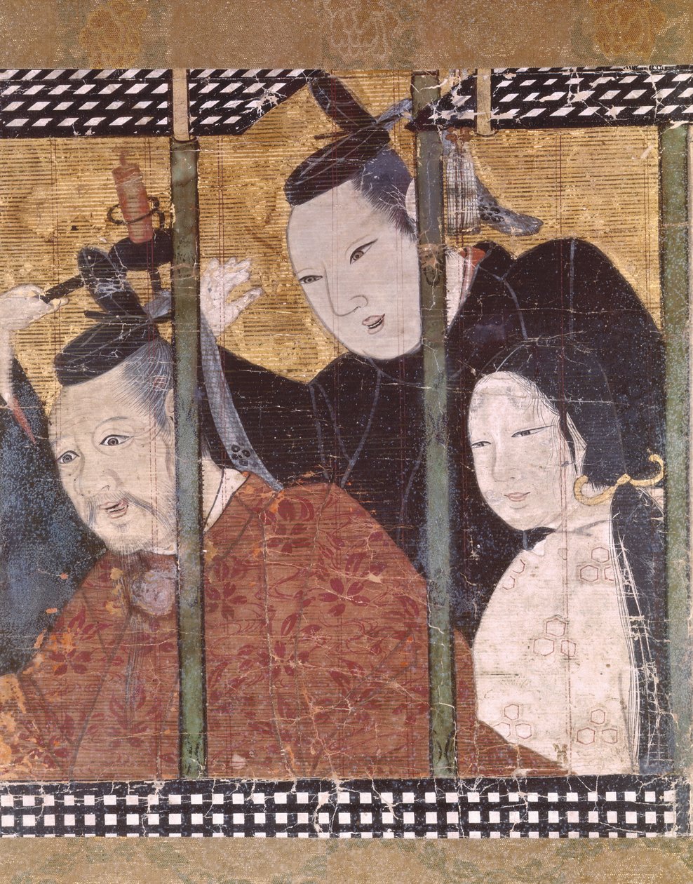 Kaksi miestä ja nainen markiisin takana, yksityiskohta valkokankaalta, 1400-1700-luku tekijältä Japanese School