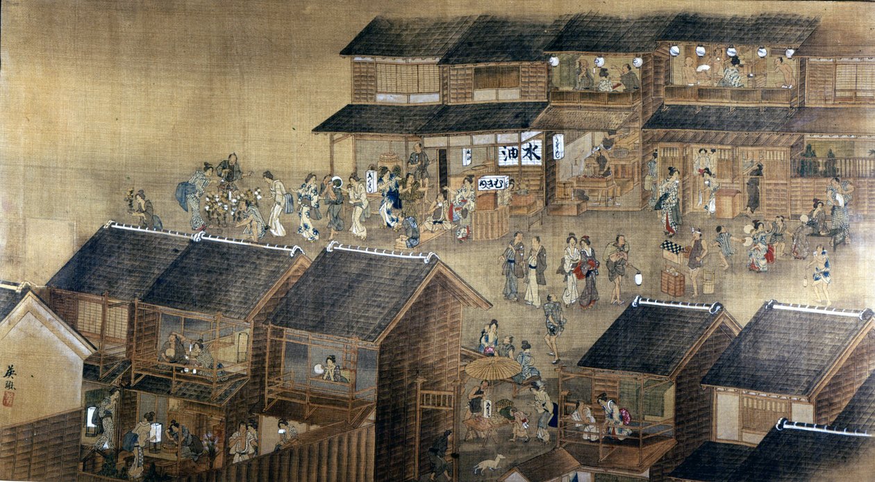 Edo by Night (muste ja väri paperille) tekijältä Japanese School