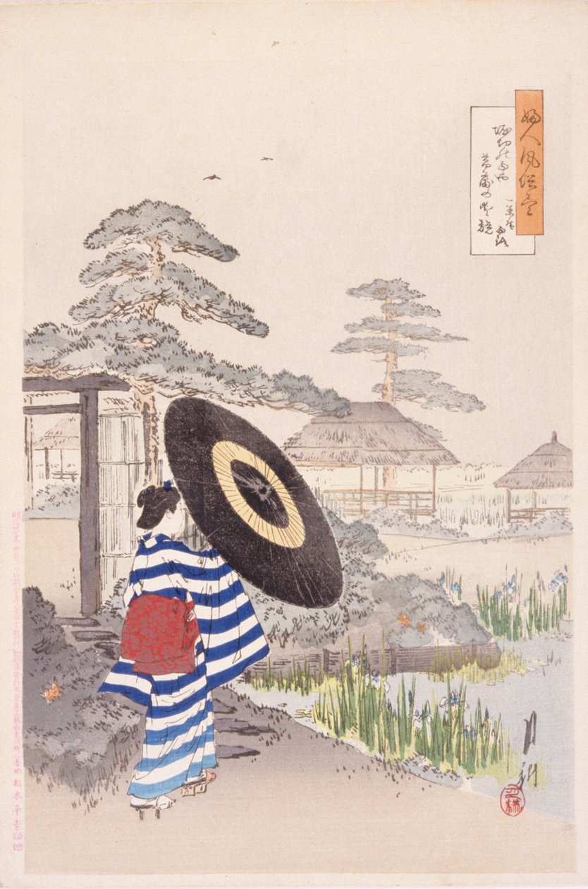 Nainen päivänvarjolla (värillinen puupalikkaprintti) tekijältä Japanese School