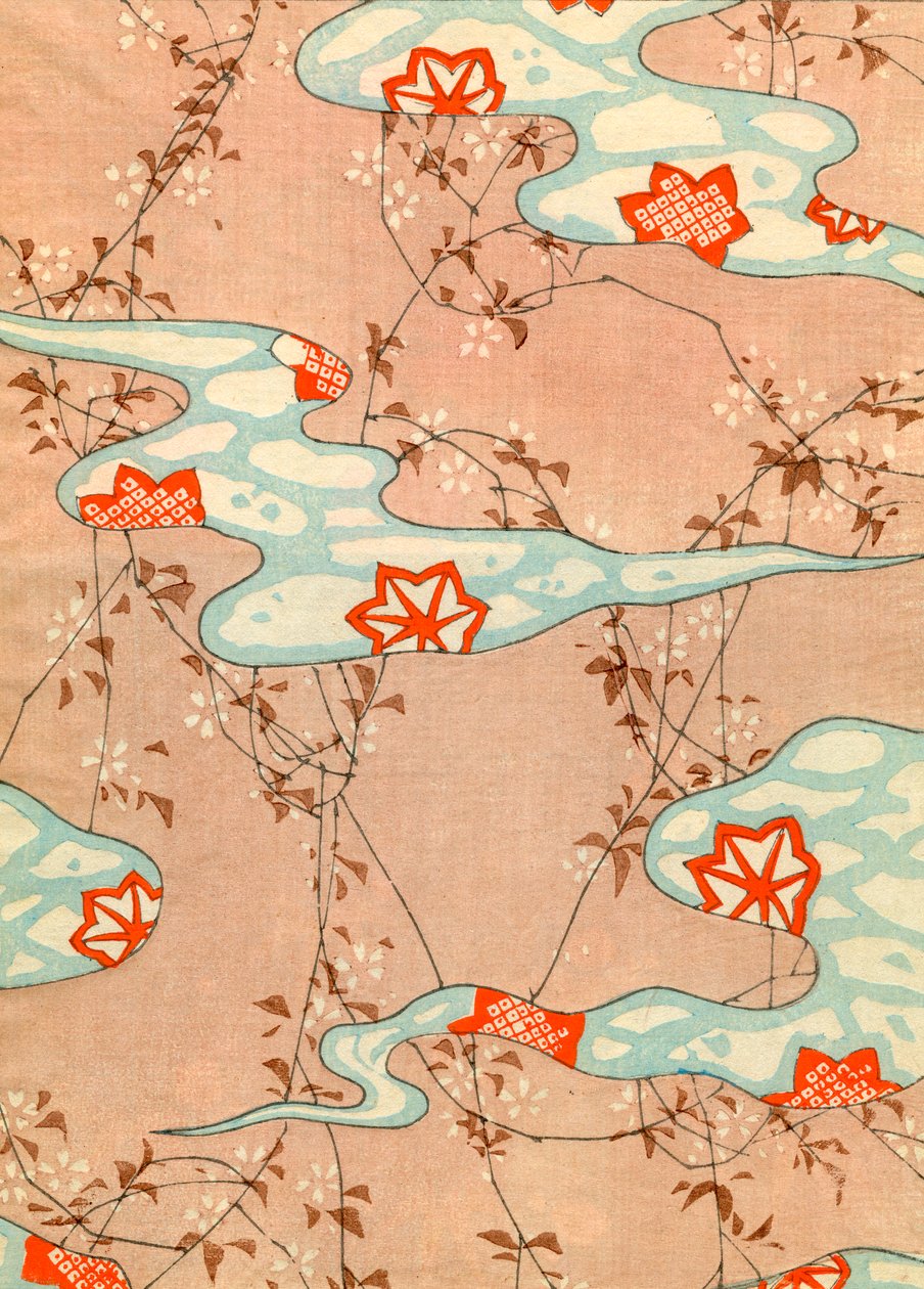 Woodblock-printti syksyn lehdistä tekijältä Japanese School