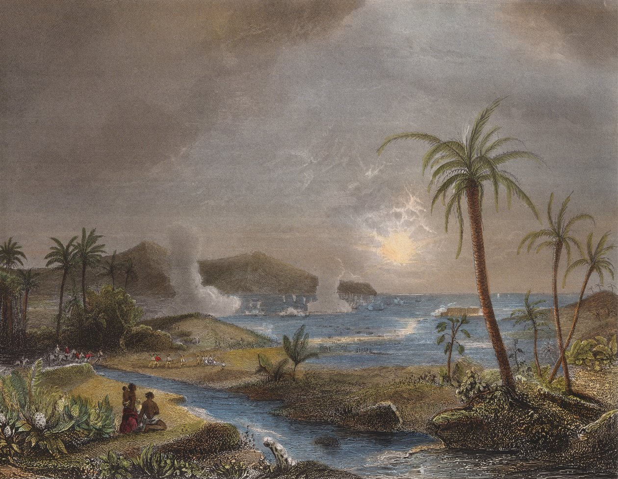 Martiniquen taistelu vuonna 1674, kaiverrus Chavane (värikaiverrus) tekijältä Jean Antoine Theodore Gudin