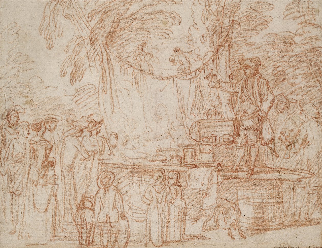 Recto; Kaskatohtori myy tavaroitaan ulkona (punainen liitu paperille). tekijältä Jean Antoine Watteau