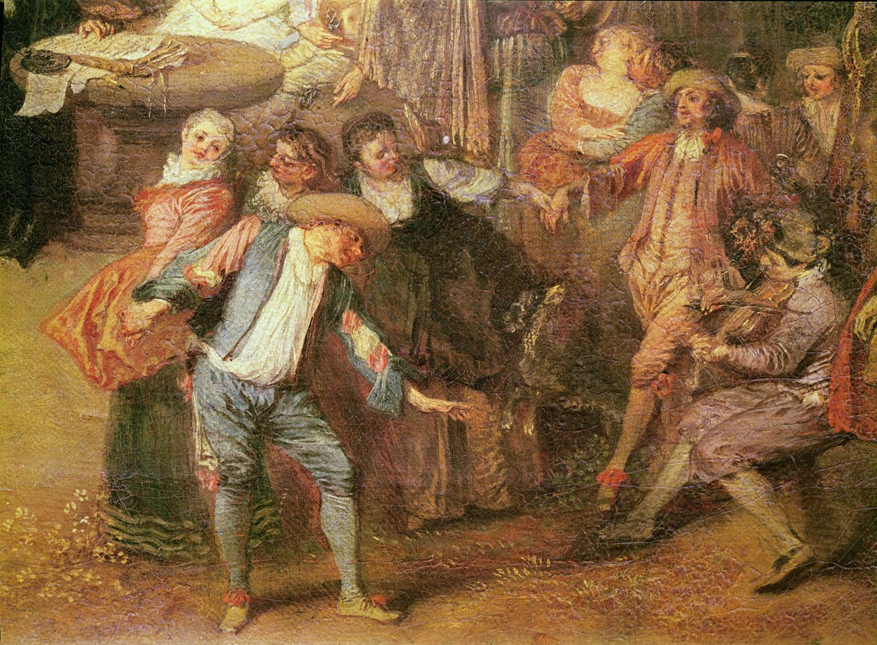 Aviosopimus ja Rustic Ball -yksityiskohta tanssijoista oikealla, c. 1712-13 öljy kankaalle tekijältä Jean Antoine Watteau