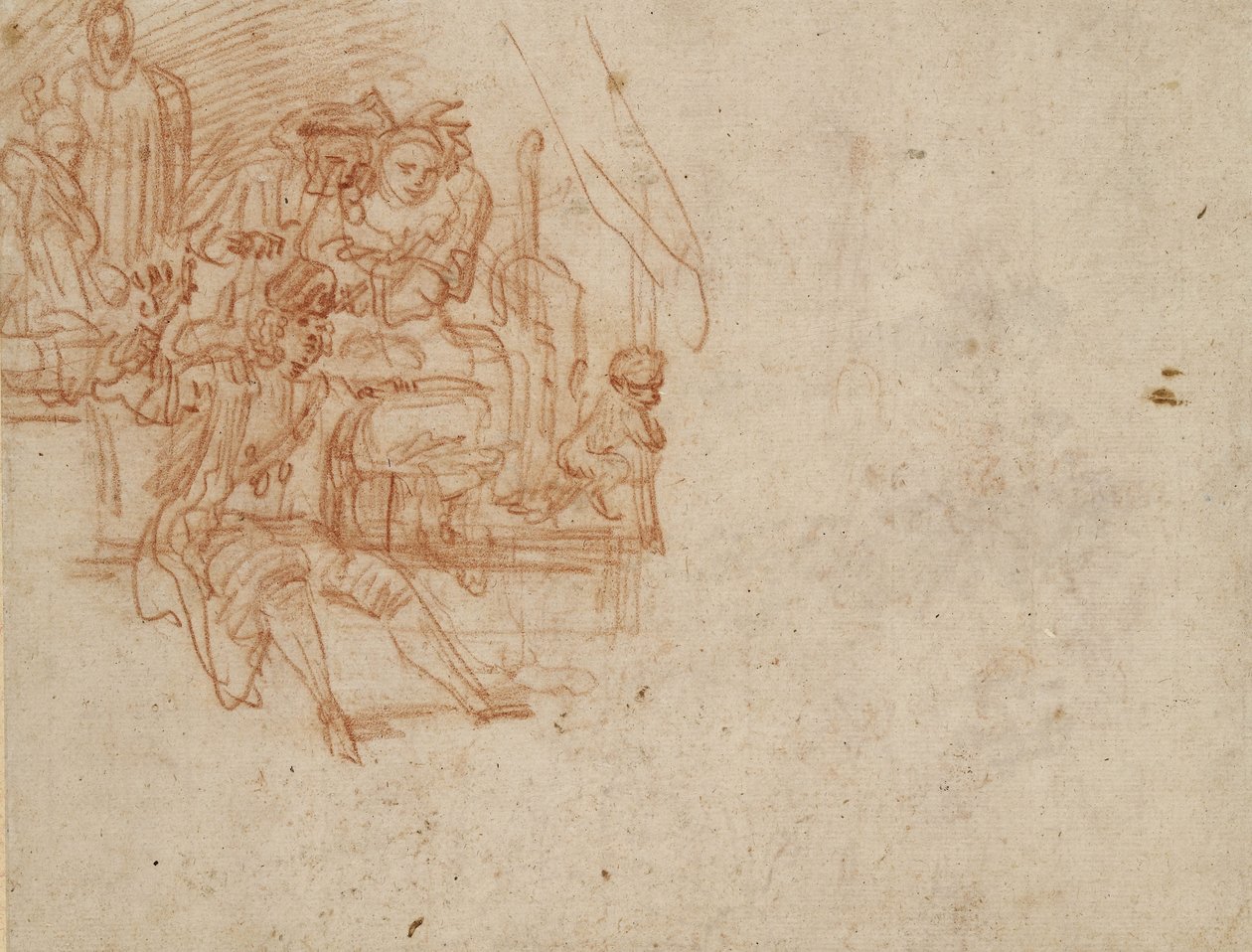 Verso; Quack Doctor istuu lavalla ja myy tavaransa (punainen liitu paperilla) tekijältä Jean Antoine Watteau