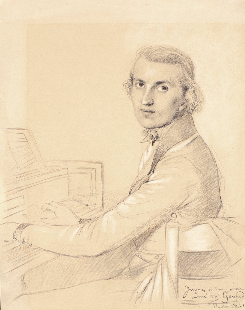 Charles Gounod (1818-93) 1841 (grafiitti paperille, korotettu valkoisella liidulla) (katso myös 159090) tekijältä Jean Auguste Dominique Ingres