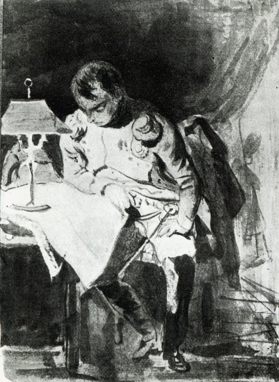 Napoleon tutkii karttojaan lampunvalossa, n. 1800 (Intian muste) tekijältä Jean Auguste Dominique Ingres