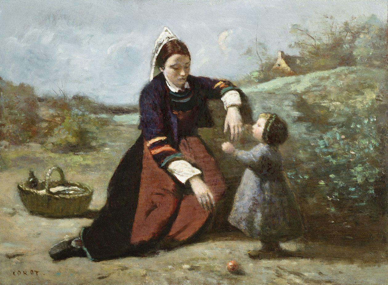 Bretonilainen nainen ja hänen pikkutyttönsä, 1855-65 tekijältä Jean Baptiste Camille Corot