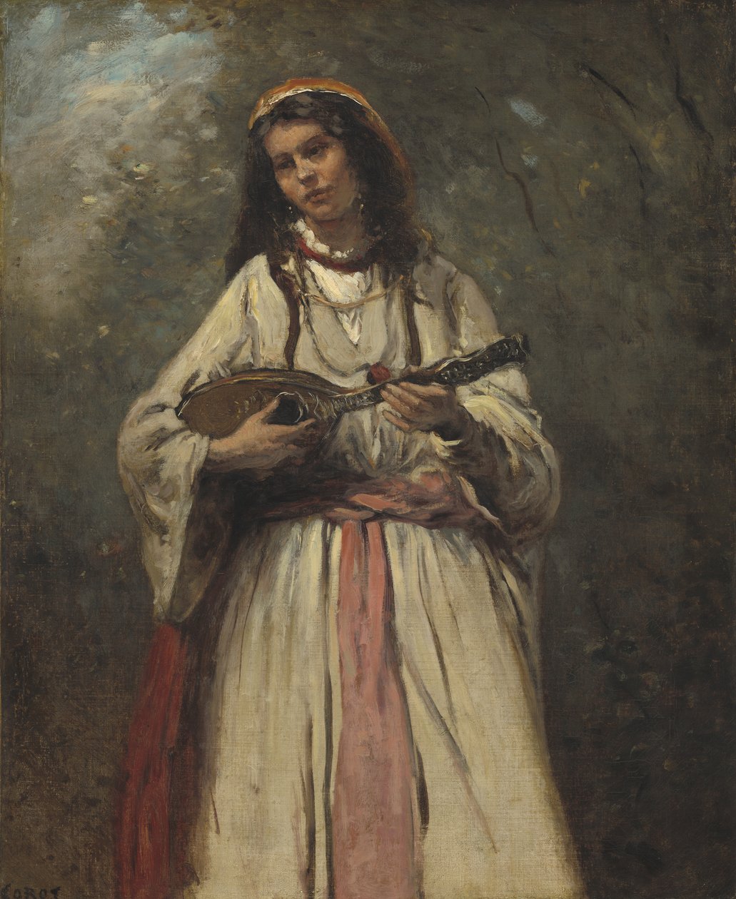 Mustalaistyttö mandoliinin kanssa, noin 1870 tekijältä Jean Baptiste Camille Corot