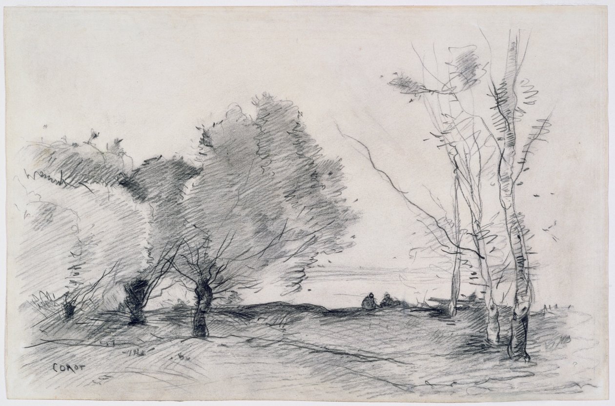 Maisema, 1860-68 (kynä ja värikynä paperilla) tekijältä Jean Baptiste Camille Corot