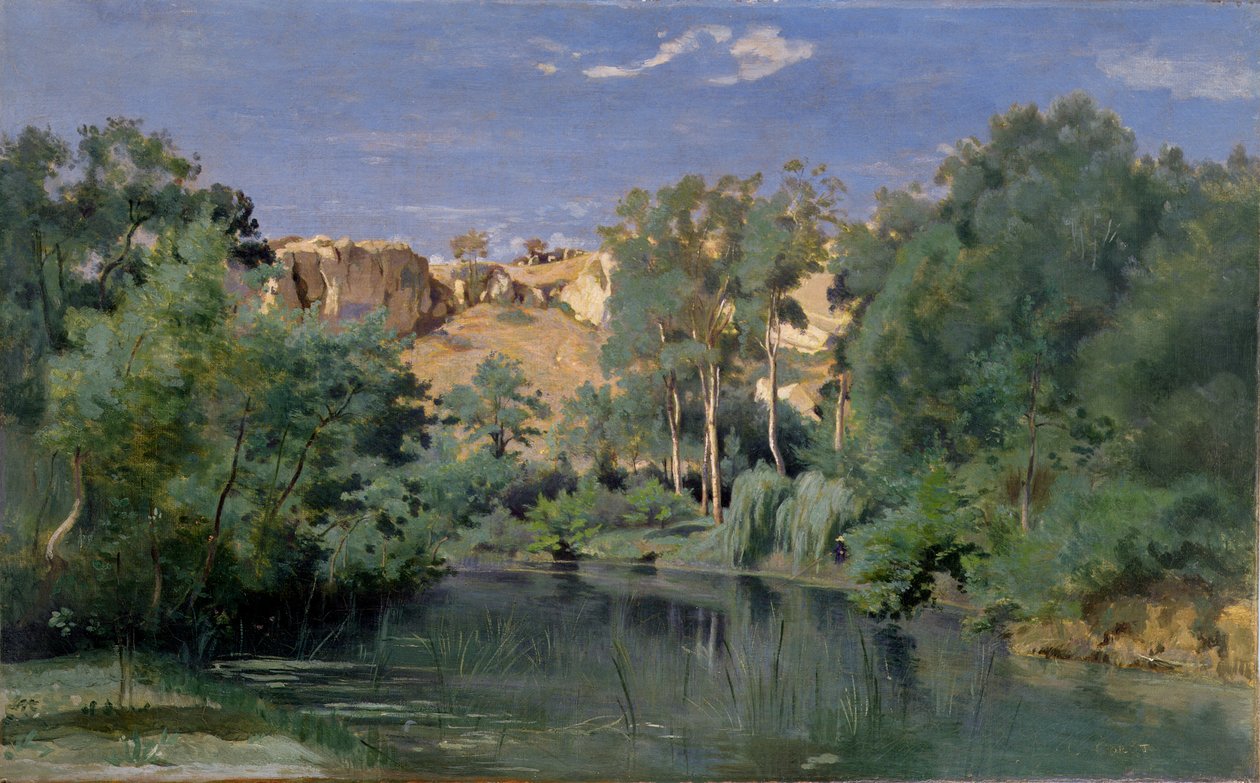 Metsäinen maisema ja lampi, noin 1830-luku tekijältä Jean Baptiste Camille Corot