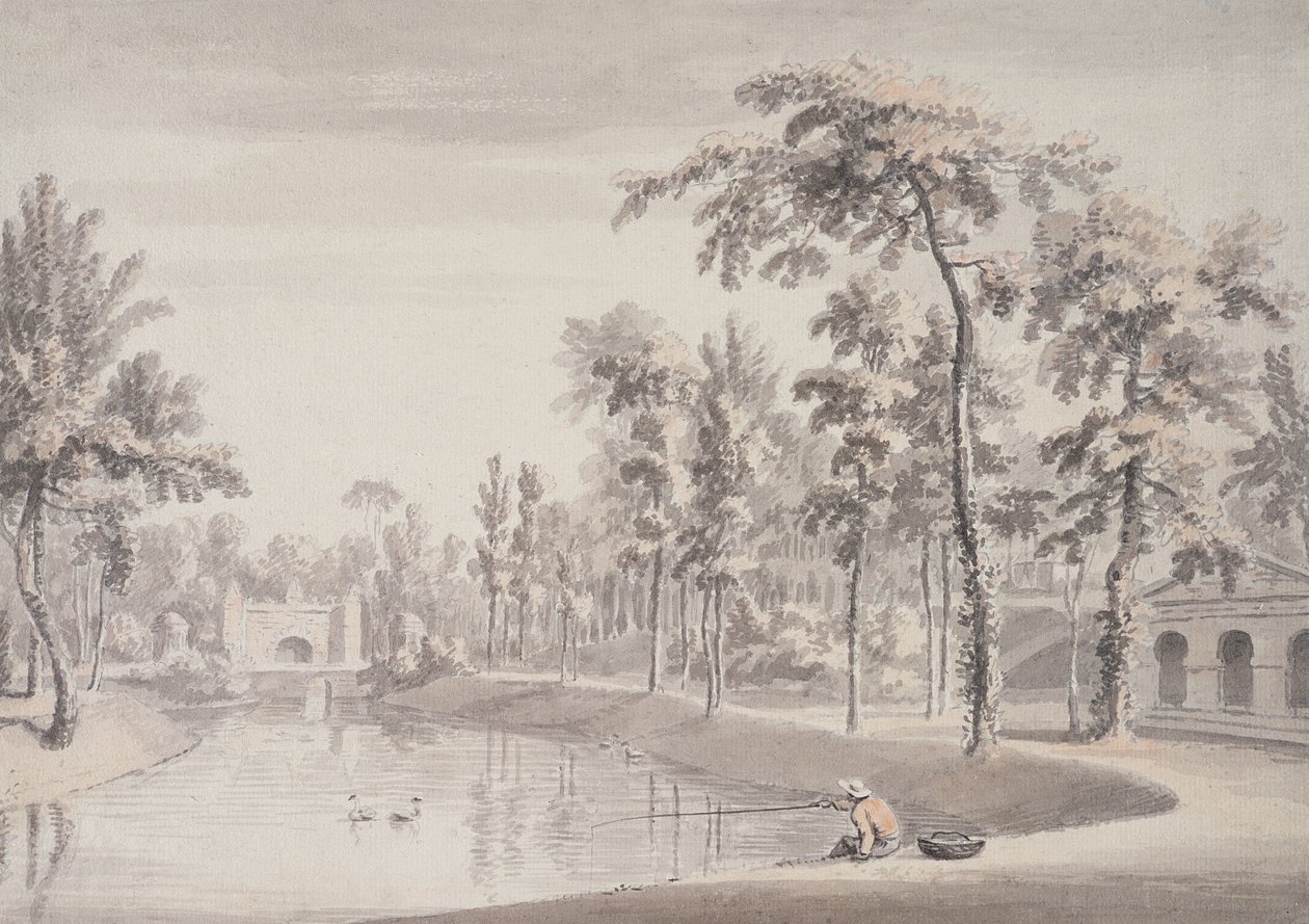 The Grotto and the Temple of Contemplation, Stowe, 1752 (kynä ja muste, pesu grafiitin päällä paperilla) tekijältä Jean Baptiste Claude Chatelain