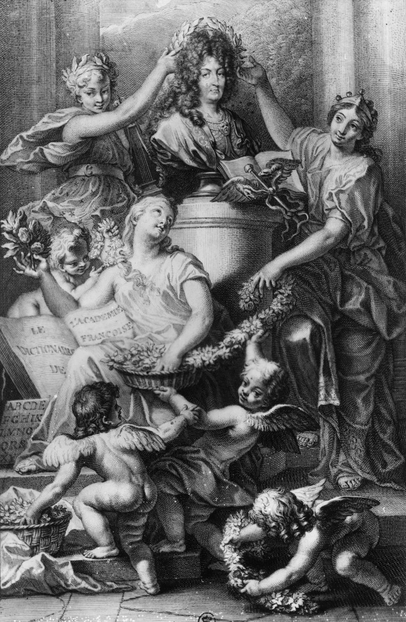 "Ranskan akatemian sanakirjan" etukappale, kaivertanut Gerard Edelinck (1640-1707) 1694 tekijältä Jean Baptiste Corneille