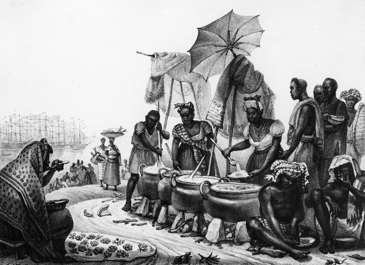 Mustat naiset myyvät Angouta, "Travels in Brazil", kaiverrettu Thierry Freres (fl.1827-45), 1835 tekijältä Jean Baptiste Debret