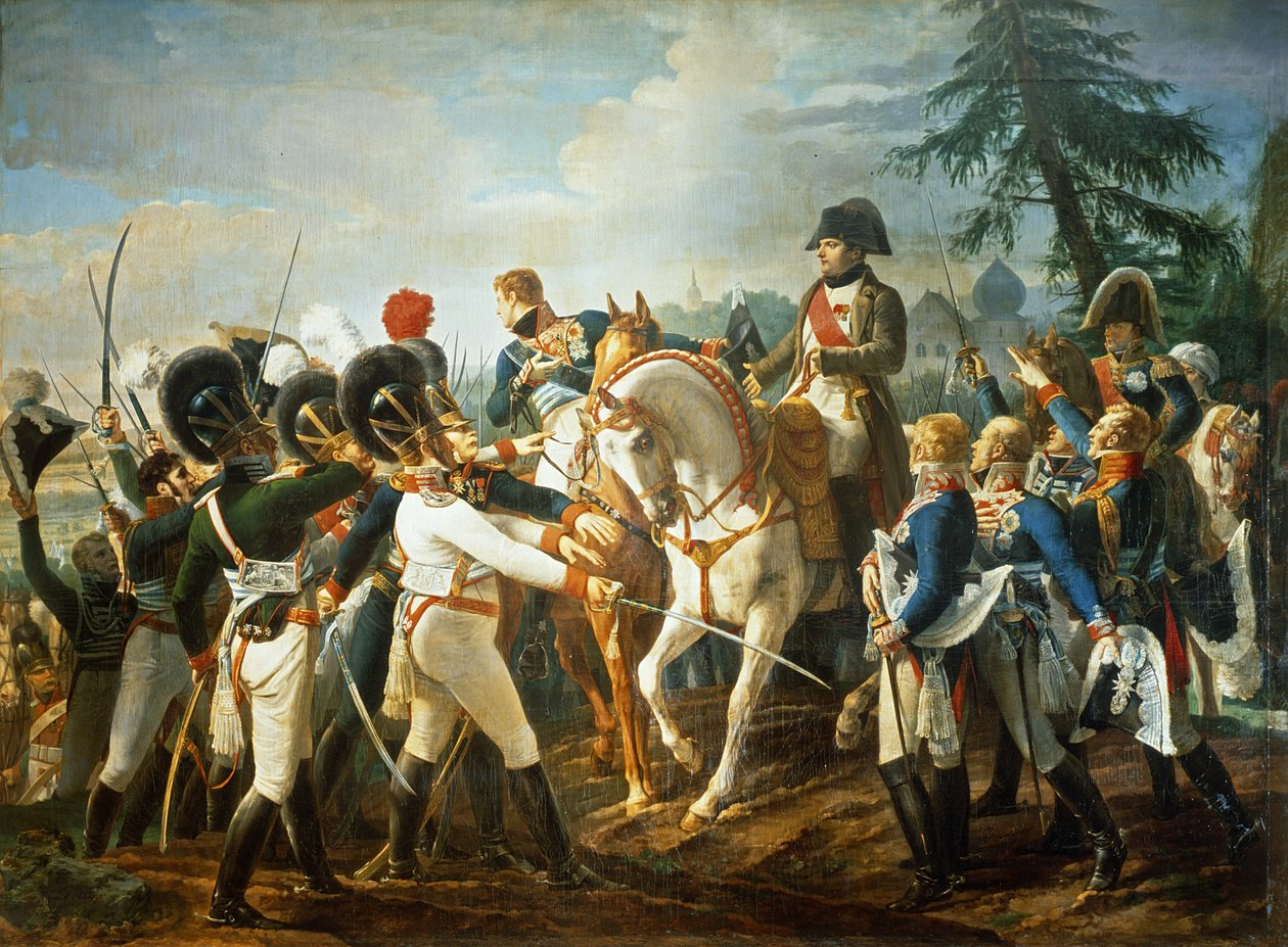 Napoleon ja Baijerin ja Würtembergin joukot Abensbergissä 20. huhtikuuta 1809. tekijältä Jean Baptiste Debret