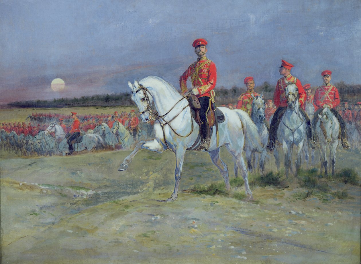 Tsarevich Nicolas (1894-1917) Arvioi joukkoja, 1899 tekijältä Jean Baptiste Edouard Detaille