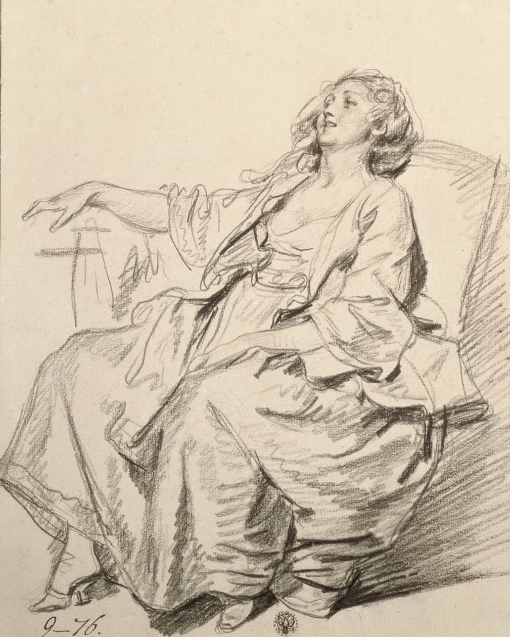 Nuori nainen istuu nojatuolissa, n. 1768-69 (musta liitu) tekijältä Jean Baptiste Greuze