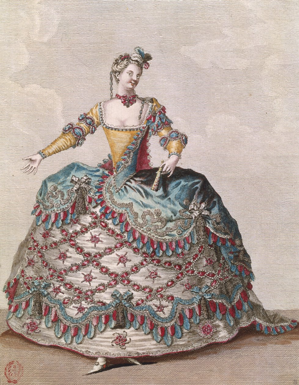 Puku intialaiselle naiselle Jean-Philippe Rameaun (1683-1764) oopperabalettiin "Les Indes Galantes" n. 1735 tekijältä Jean Baptiste Martin