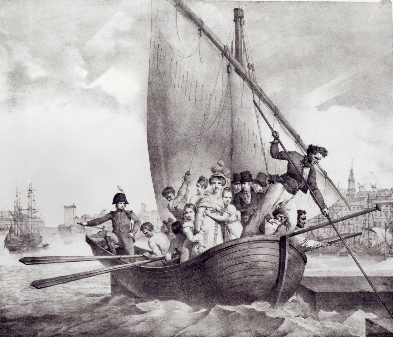 Bonaparten perhe saapui Touloniin (Ranska), kun pakeni Korsikalta, 17. kesäkuuta 1793, kaiverrus Motte, Charles (1785-1836) tekijältä Jean Baptiste Mauzaisse