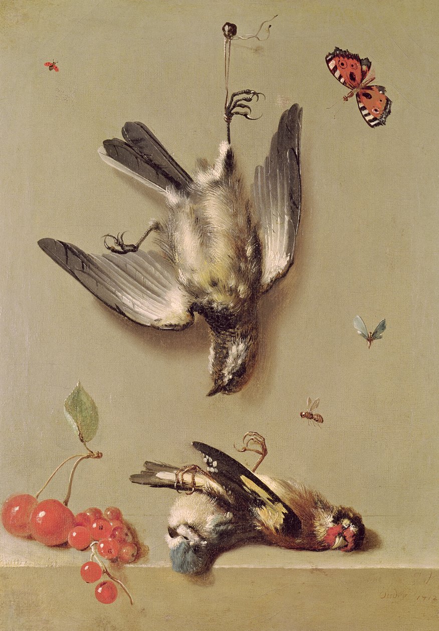 Kuolleiden lintujen ja kirsikoiden asetelma, 1712 tekijältä Jean Baptiste Oudry