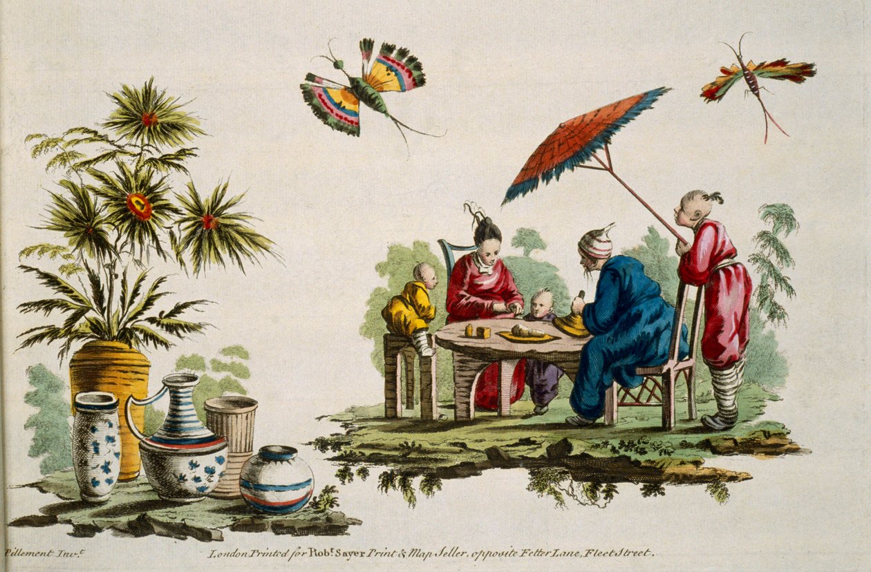 Kuvassa hahmoja, jotka pukeutuvat japanilaisiin vaatteisiin ja päivänvarjoon For Ladies Amusementilta..Art of Japanning..Pillement, Jean Baptiste (1728-1808) tekijältä Jean Baptiste Pillement