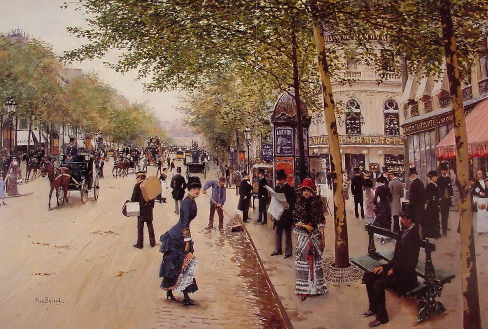 Boulevard des capucines - taustalla Boulevard des Italiens ja Pavillon de Hanovre oikealla tekijältä Jean Beraud