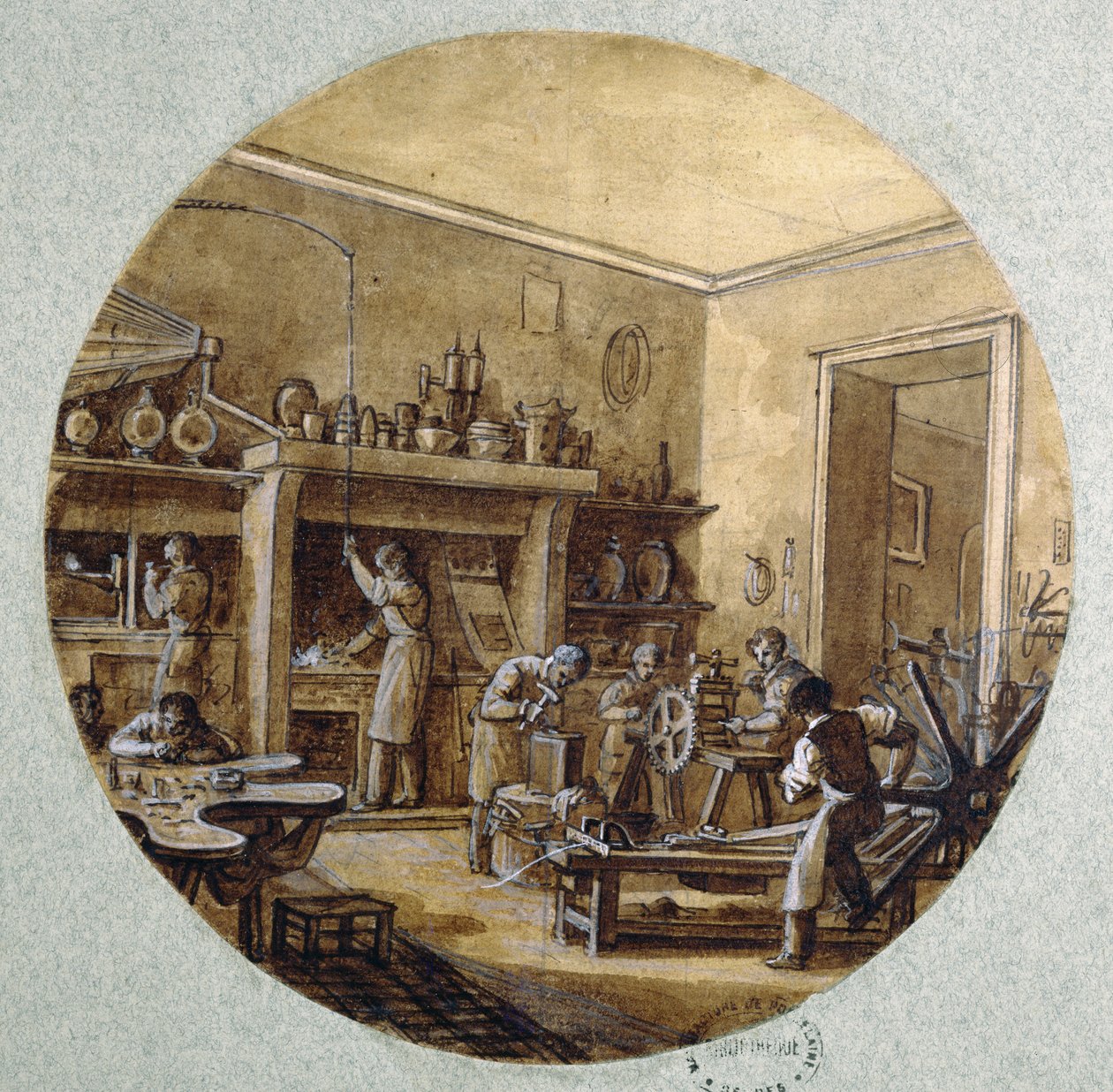 Jalokivityöpaja, lautassuunnittelu eri ammatteja kuvaavaan palveluun, n. 1820-35 (kynä ja muste sekä pesu ja guassi paperille) tekijältä Jean Charles Develly