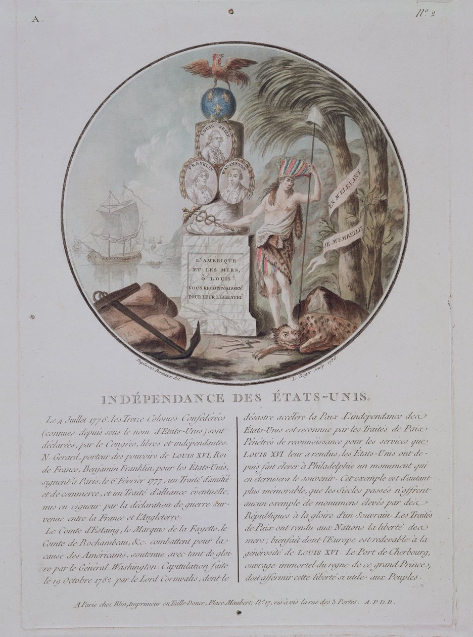 Yhdysvaltain itsenäisyys, kaiverrus L. Roger, 1786 (värillinen litho) tekijältä Jean Duplessis Bertaux