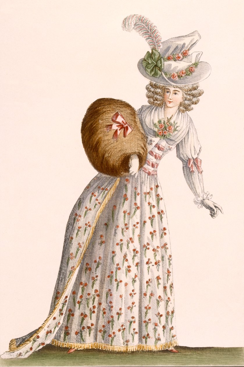 Naisten puku, jossa on kirjailtu pieniä kukkia, "Galeries des Modes et Costumes Francais", n. 1778-87 99:vaatteet; perinteinen asu; perinteinen puku; muoti; kuva; c tekijältä Jean Florent Defraine