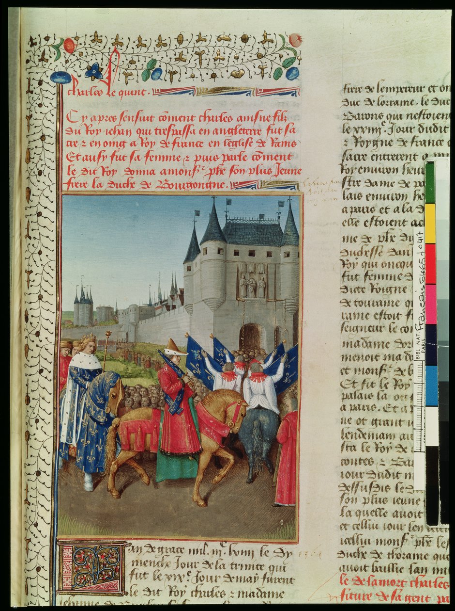 Ms 6465 f.417 Kaarle V:n (1337-80) saapuminen Pariisiin 28. toukokuuta 1364, noin 1460. tekijältä Jean Fouquet