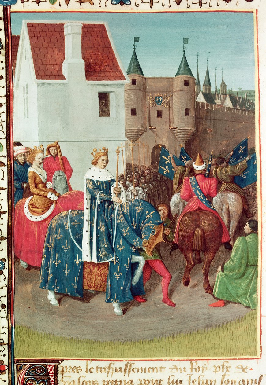 Ms Fr 6465 f.378v Kuningas Jean II:n (1319-64) Le Bonin ja Boulognen kuningattaren Jeanne Le Bonin saapuminen Pariisiin, lähteestä "Les Grandes Chroniques de France", noin 1460. tekijältä Jean Fouquet