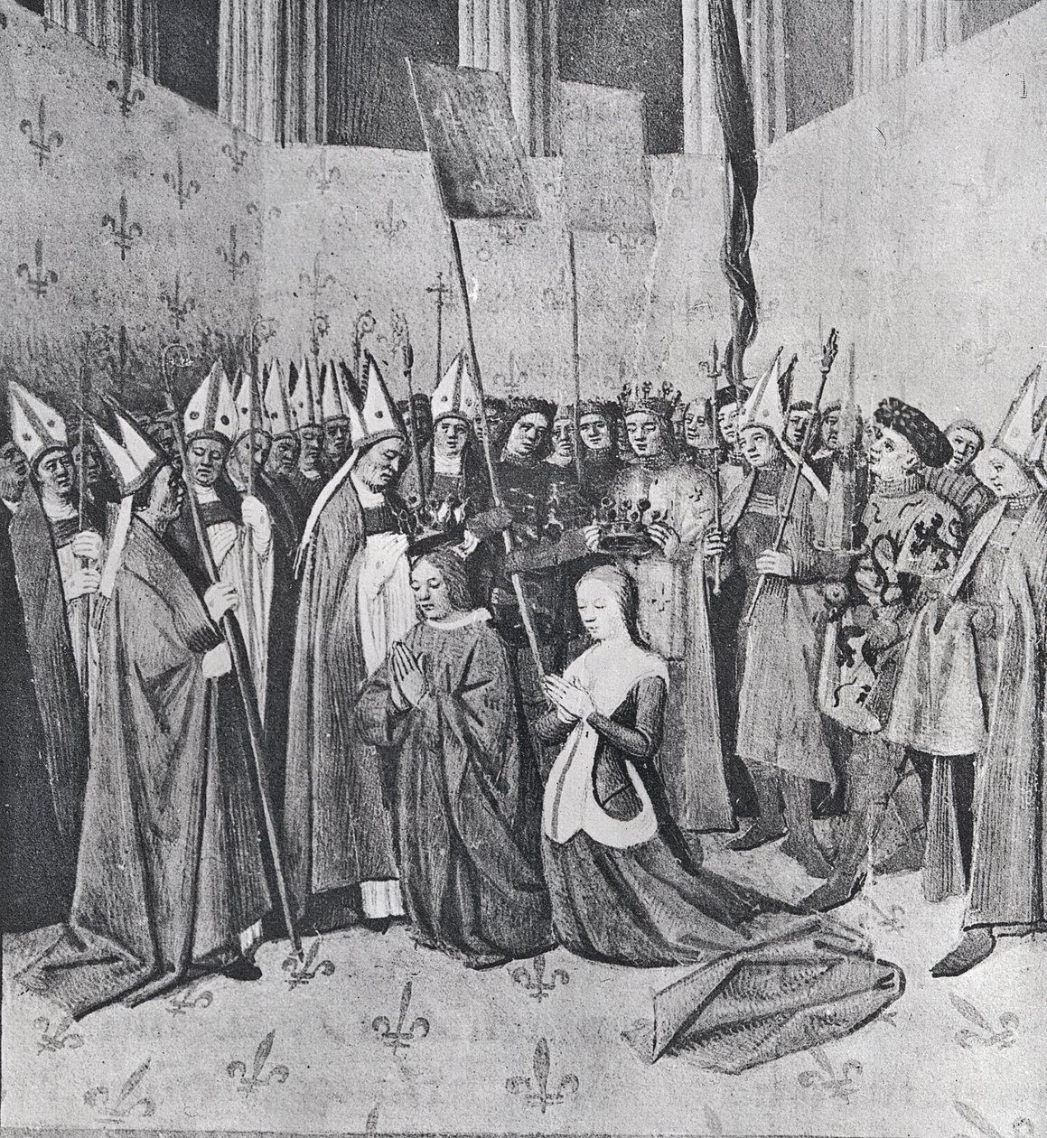 rouva fr. 6465 Ludvig VIII:n (1187–1226) ja Blanche de Castillen (1188–1252) kruunaus, Les Grandes Chroniques de Francesta, n. 1460 tekijältä Jean Fouquet