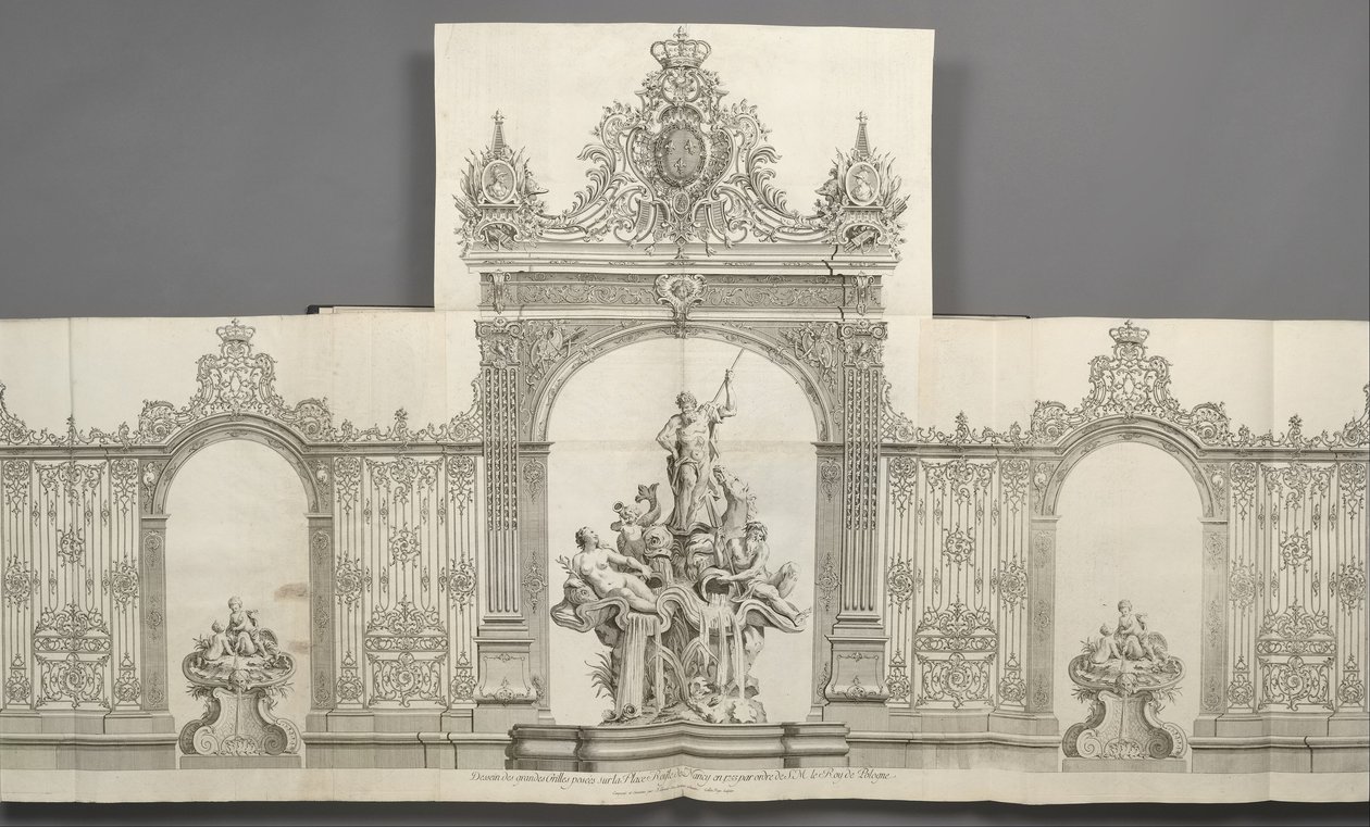 Suunniteltu Grandes -säleiköt, jotka asetettiin Place Royale -aukiolle Nancyissa vuonna 1755 S. M. le Roy de ... tekijältä Jean Lamour