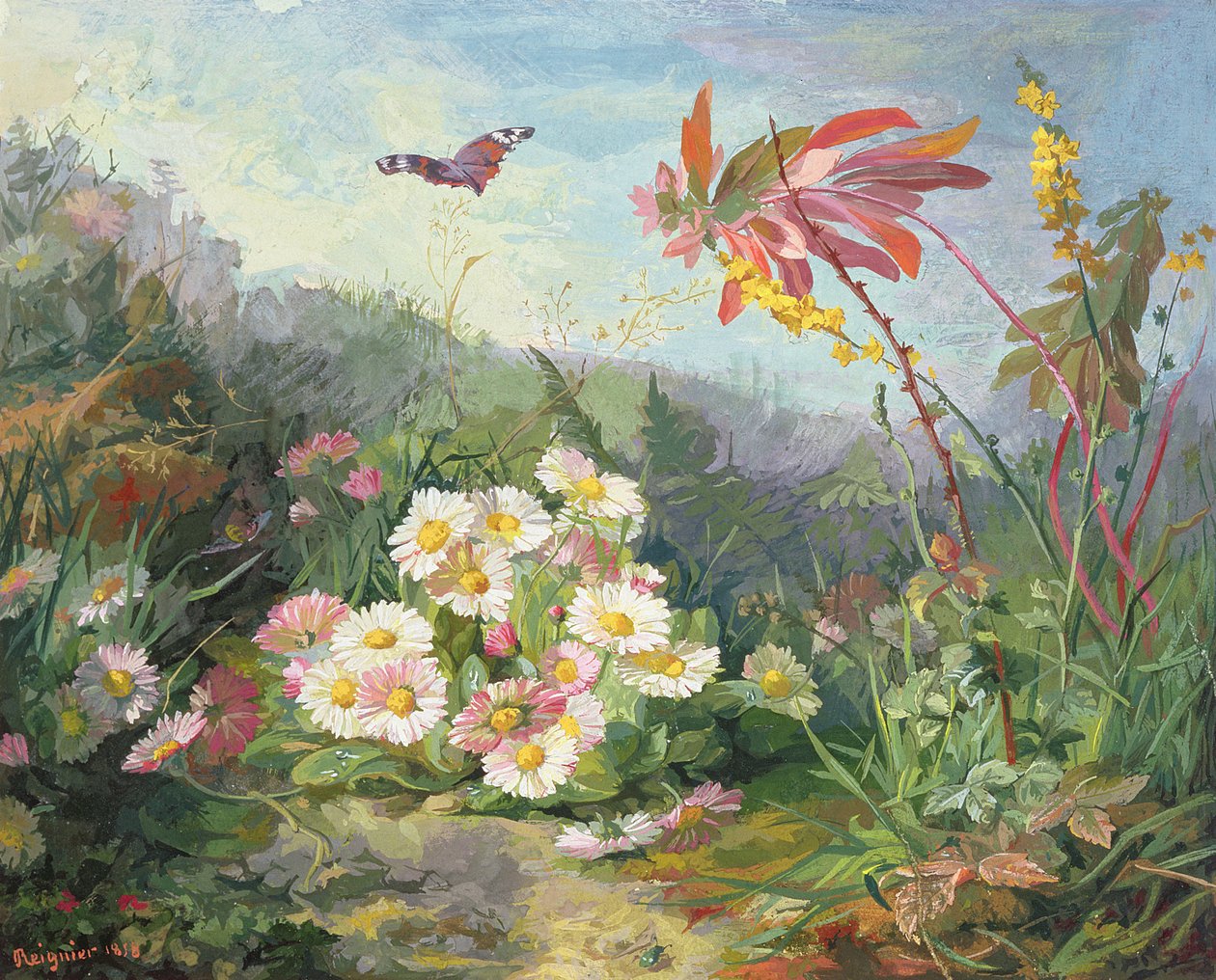 Wild Flowers and Butterfly, 1858 (wc ja guassi pahville) tekijältä Jean Marie Reignier
