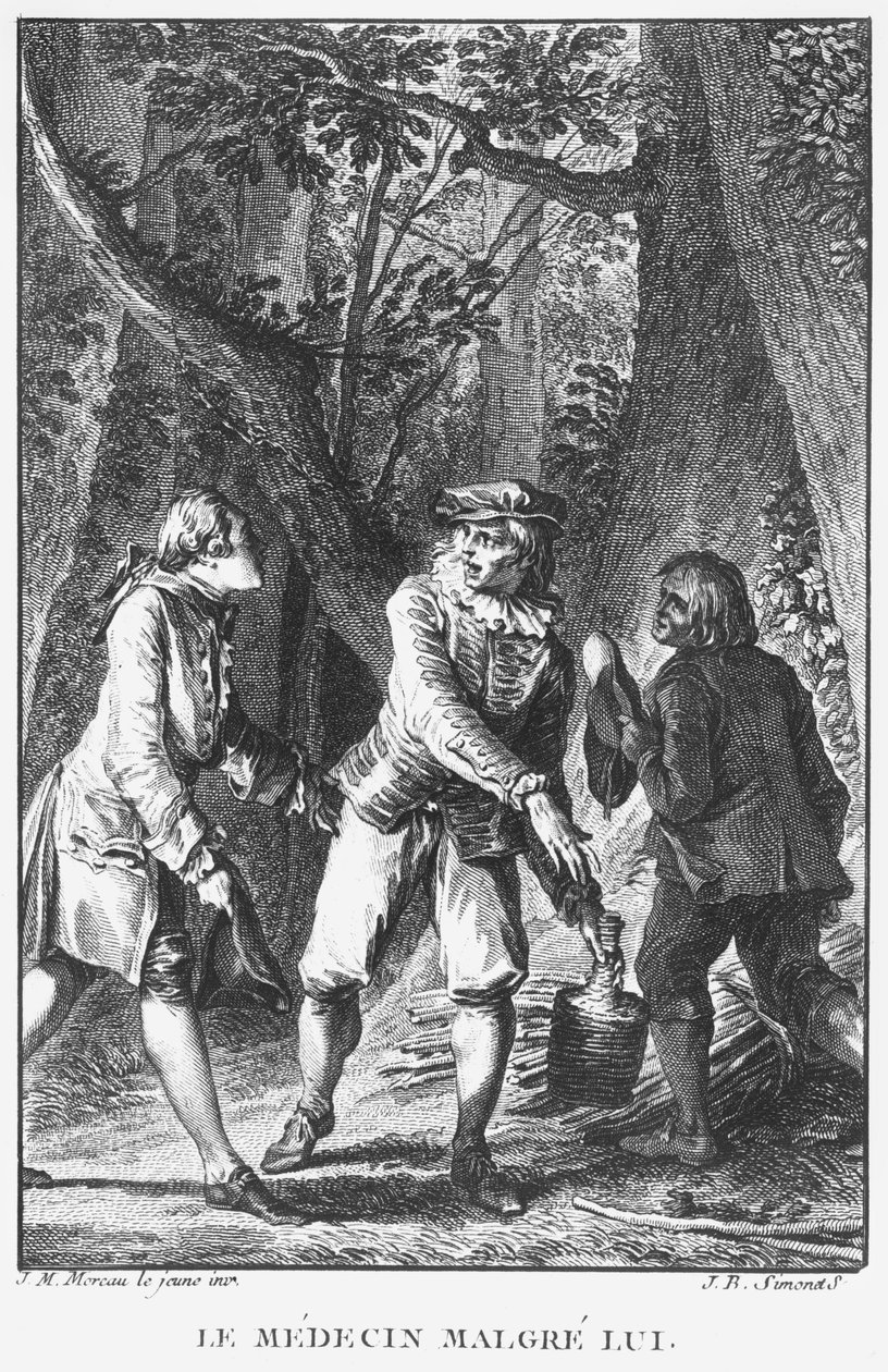 Jean Baptiste Simonetin (1742-1813) kaivertama Jean-Baptiste Poquelinin (1622-1673) kuvitus teoksesta "Lääkäri itsestään huolimatta" (1666) tekijältä Jean Michel the Younger Moreau