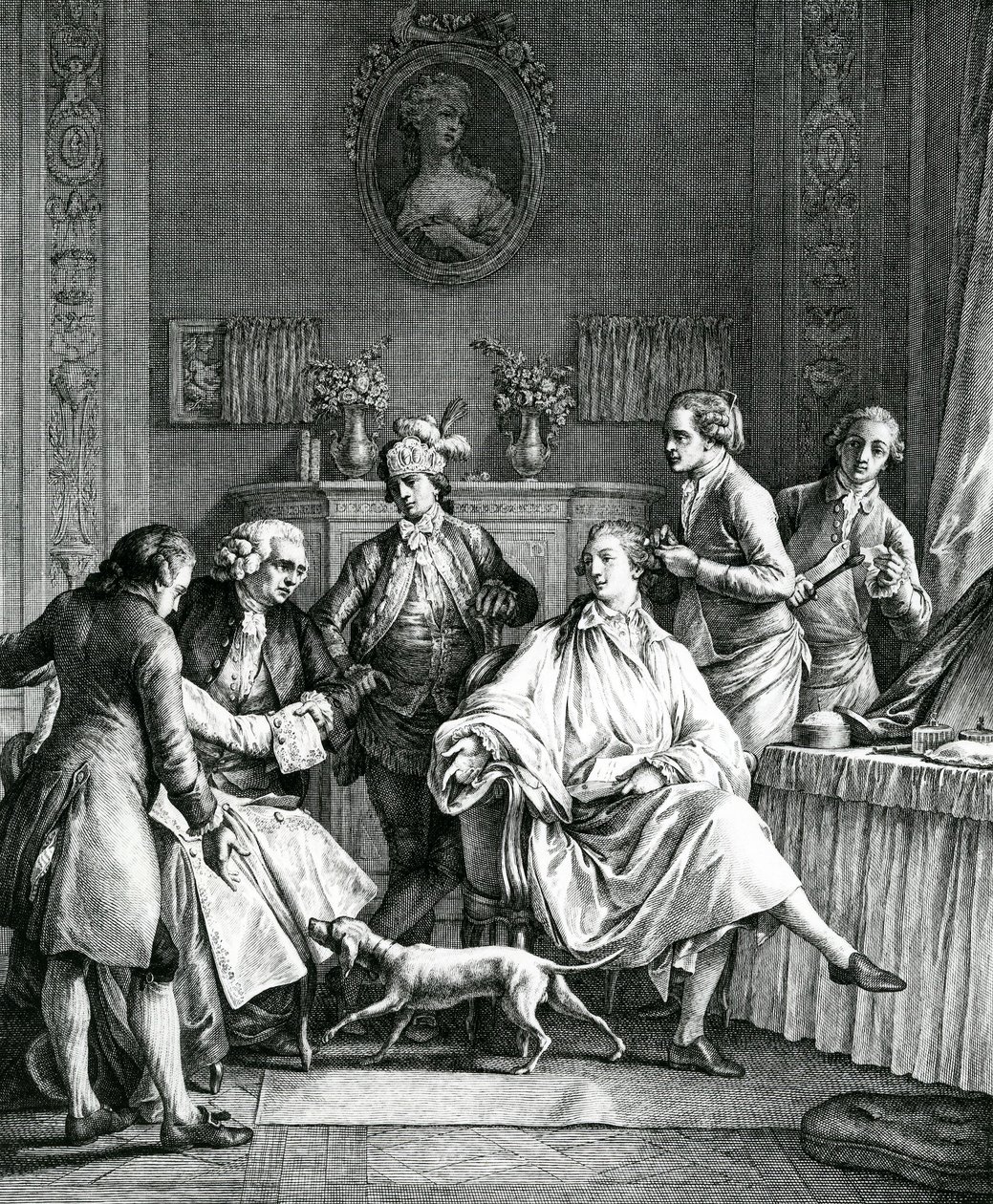 Mies pukeutumassa, n.1770 tekijältä Jean Michel the Younger Moreau