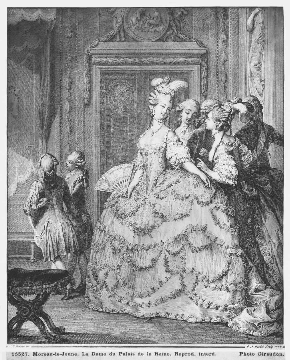 Nainen Palais de la Reinessa, kaiverrus Pietro Antonio Martini (1739-97) 1777 tekijältä Jean Michel the Younger Moreau