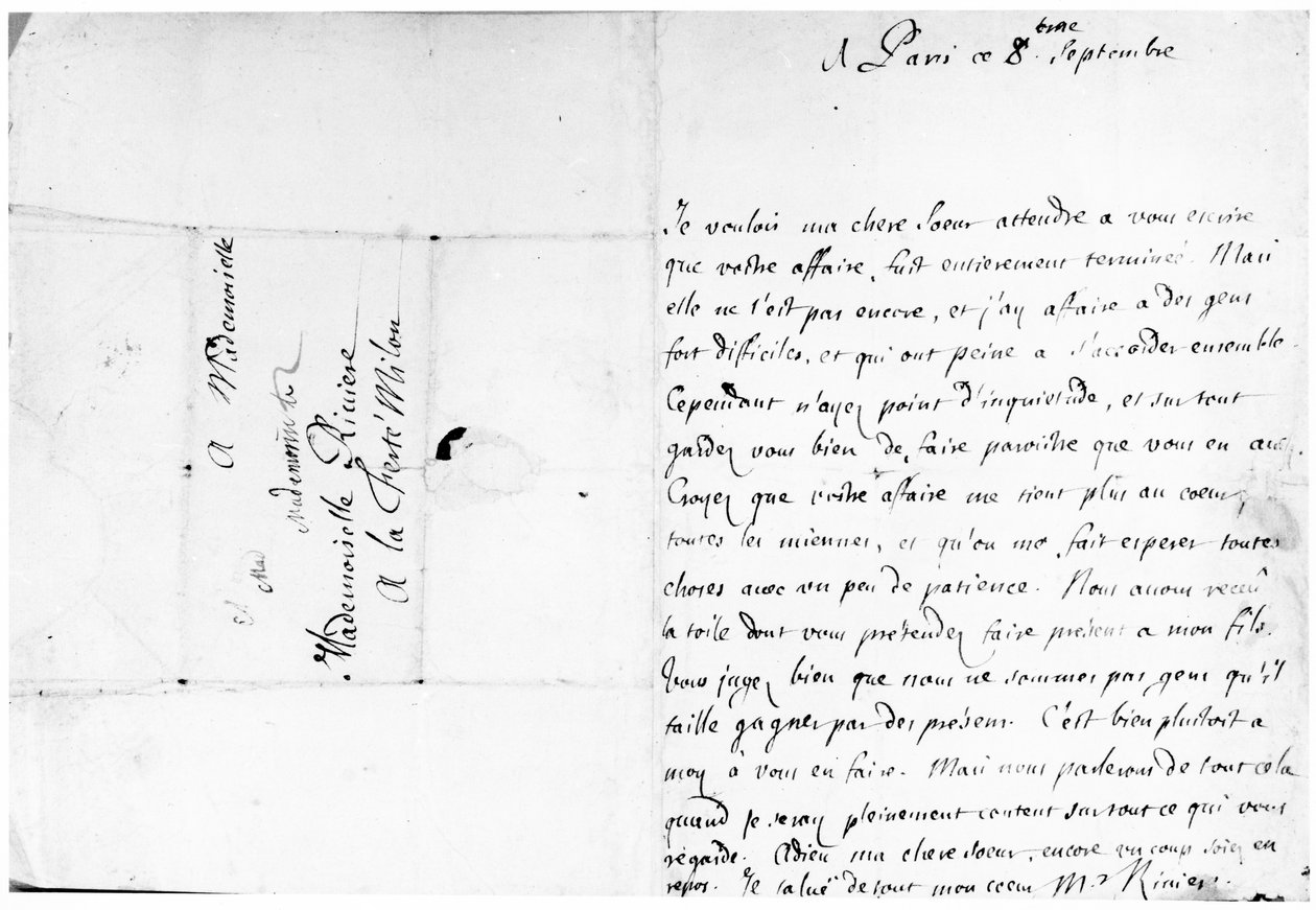 Kirje siskolleen Marielle La Ferté-Milonissa (kynä ja muste paperille) tekijältä Jean Racine