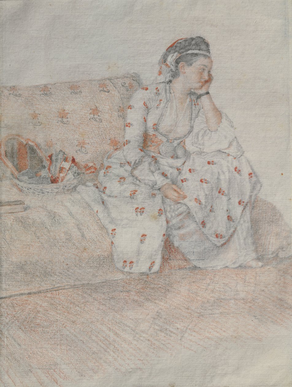 Coventryn kreivitär turkkilaisessa puvussa (punaliitu ja lyijykynä paperille) tekijältä Jean Étienne Liotard