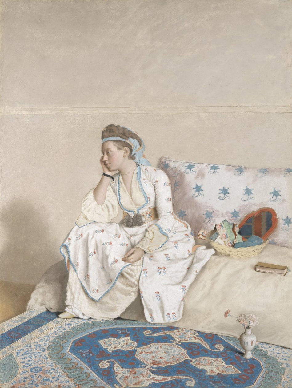 Taiteilijan vaimon Marie Farguesin muotokuva turkkilaisessa asussa, 1756-58 (pastelli pergamentille). tekijältä Jean Étienne Liotard