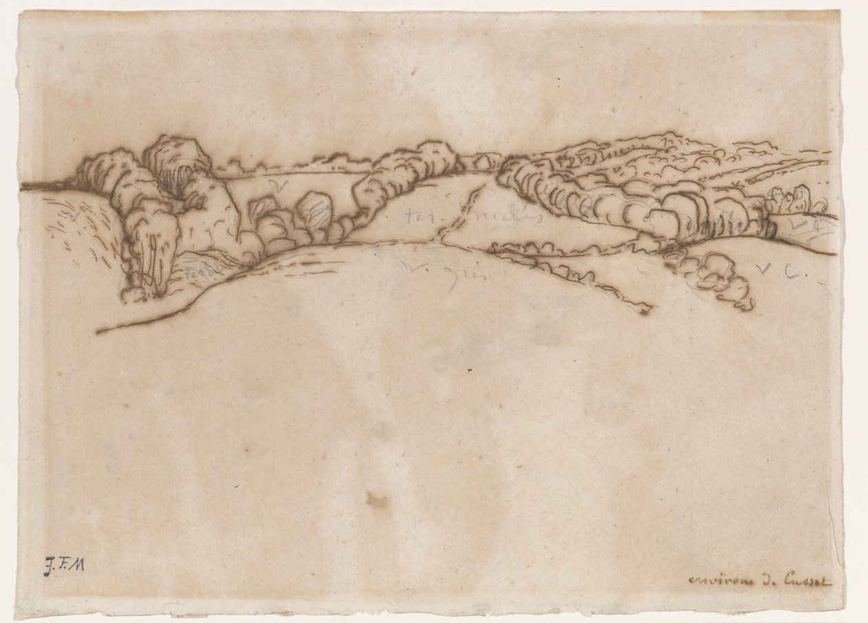 Environs de Cusset, n. 1866–1869 (kynä ja ruskea muste grafiitilla levitetylle paperille) tekijältä Jean Francois Millet