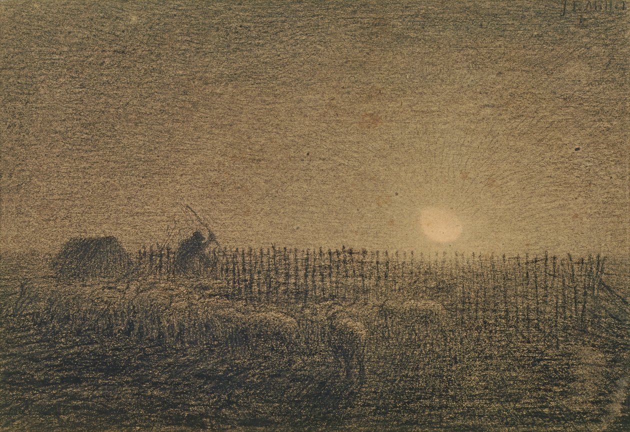 The Shepherd at the Fold by Moonlight (hiili paperille) tekijältä Jean Francois Millet
