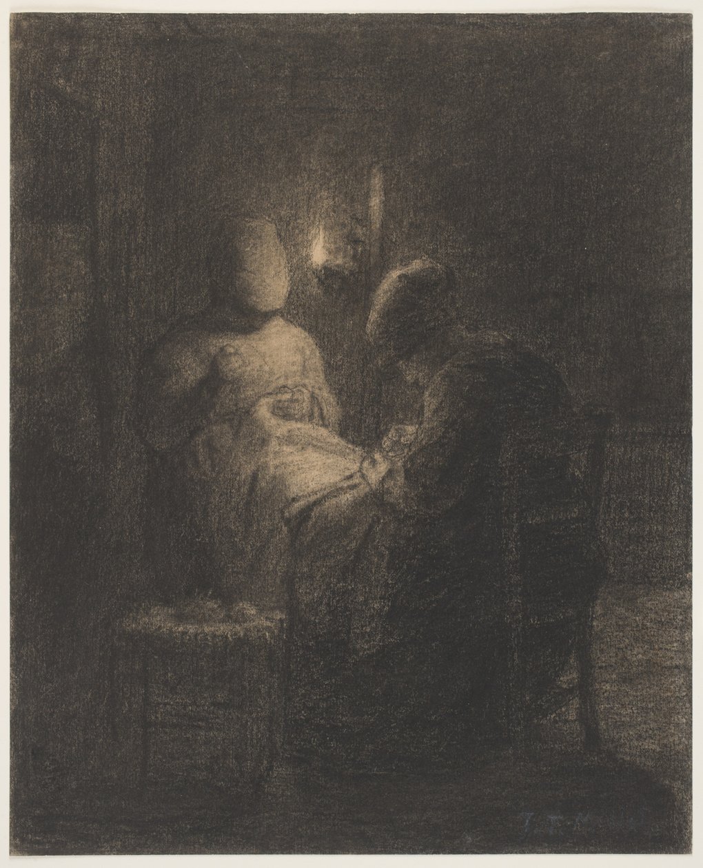 The Vigil (naisten ompelu) (hiili paperille) tekijältä Jean Francois Millet